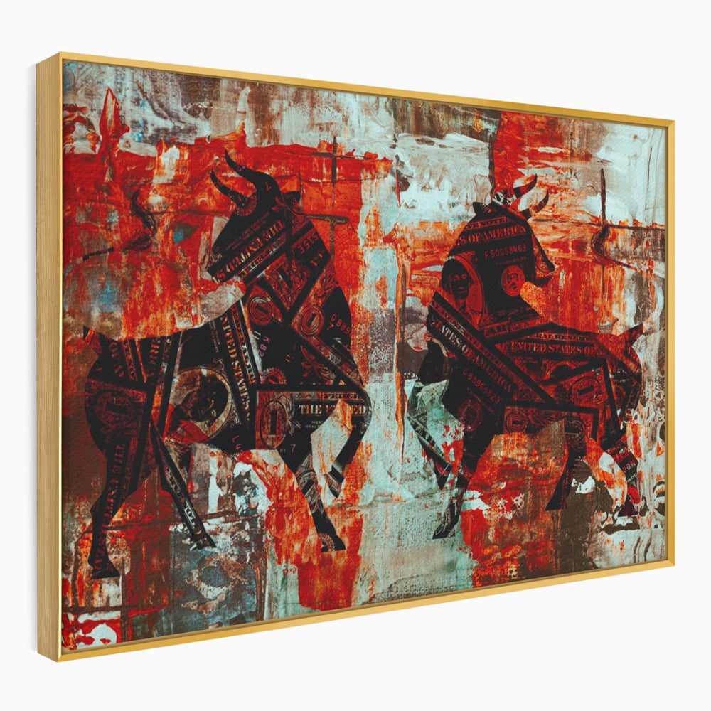 Tablou canvas cu tablou canvas cu tauri din bancnote, in rama de aluminiu auriu